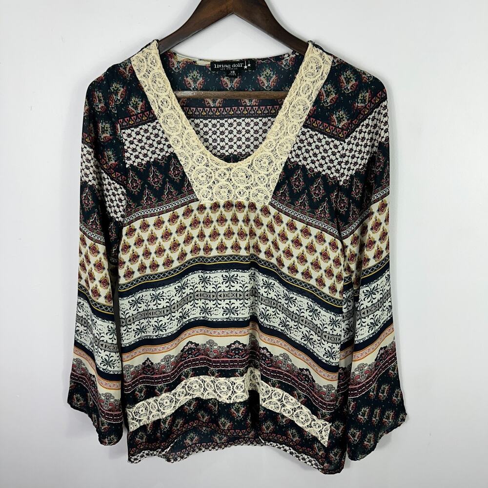 Living Doll Boho Patchwork Top Womens XS Oversized Flowy Indie Whimsigoth Earthy